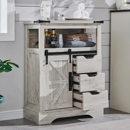 Bathroom Floor Cabinet - Storage Cabinet with Sliding Barn Door & Storage Drawers - Small Storage Cabinet for Office