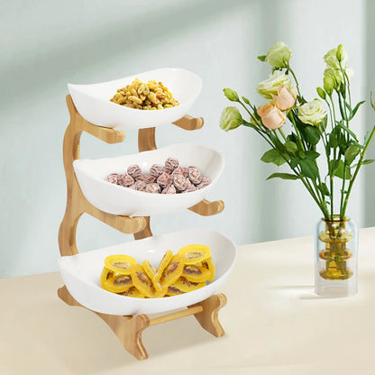 3 Tier Ceramic Fruit Basket - 3 Tier Serving Stand with Bamboo Wooden Frame - Porcelain Kitchen Bowls