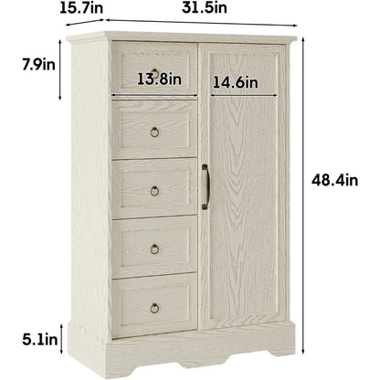 Dresser Storage Cabinet With 5 Drawers and Sliding Barn Door - 48" Tall Wood Rustic Chest for Bedroom, Kitchen Or Office