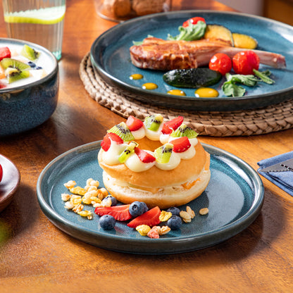 Vancasso 12/24Piece Ceramic Plate Set - Blue Reactive Glaze - Vertical Edge Tableware Set with 4/6 Sets, Dinner Plate/Dessert/Bowl