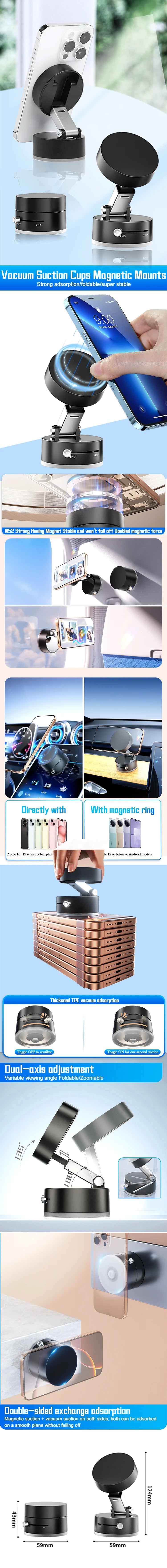 New Double Sided Magnetic Phone Holder - Bottom Is A Vacuum Suction - For Car, Glass, Mirror, iPhone & Android