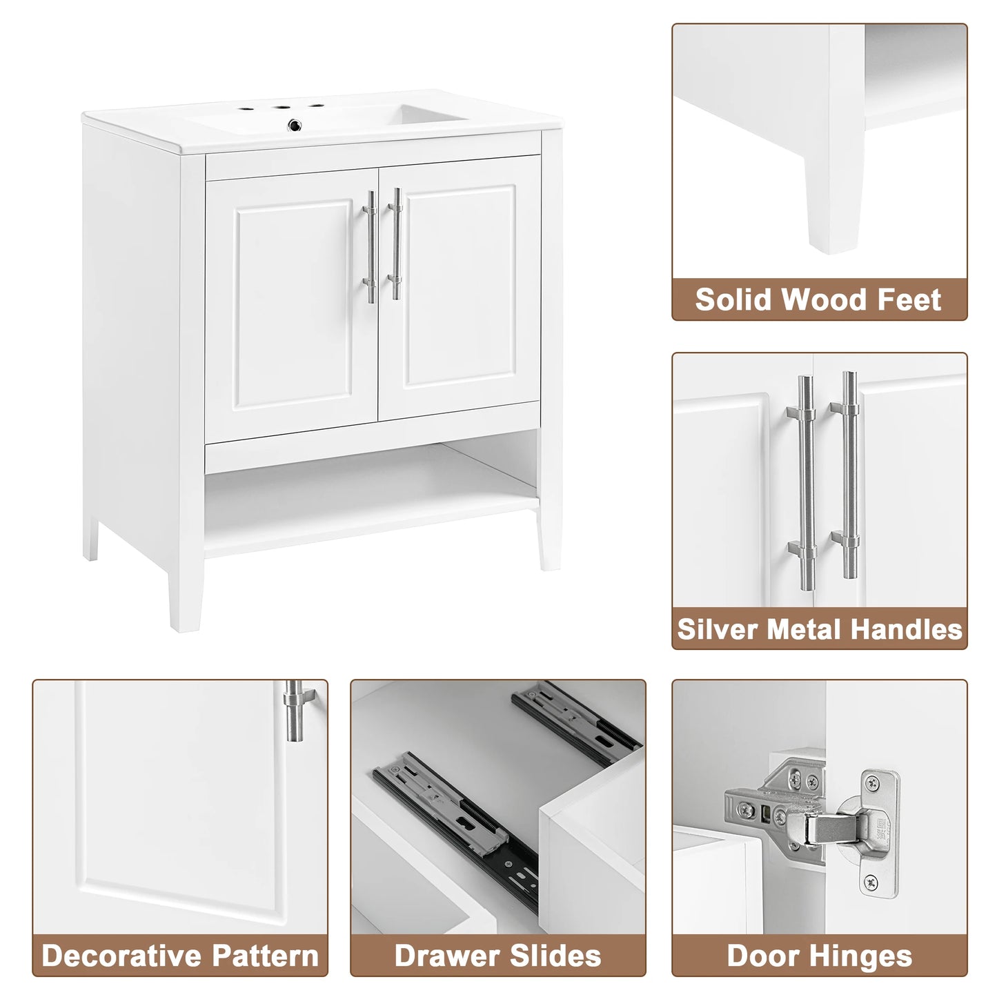 30" Bathroom Vanity with Sink - Multi-functional Bathroom Cabinet with Doors and Drawers - Solid Frame and MDF Board, White