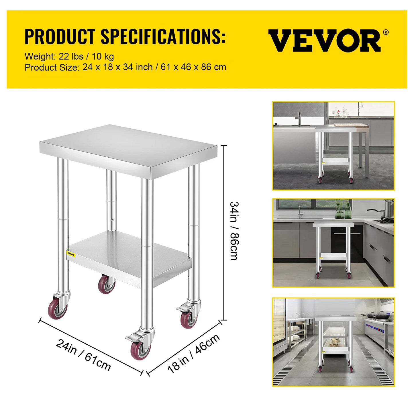 Stainless Steel Kitchen Work Space 2 Shelves, Moveable