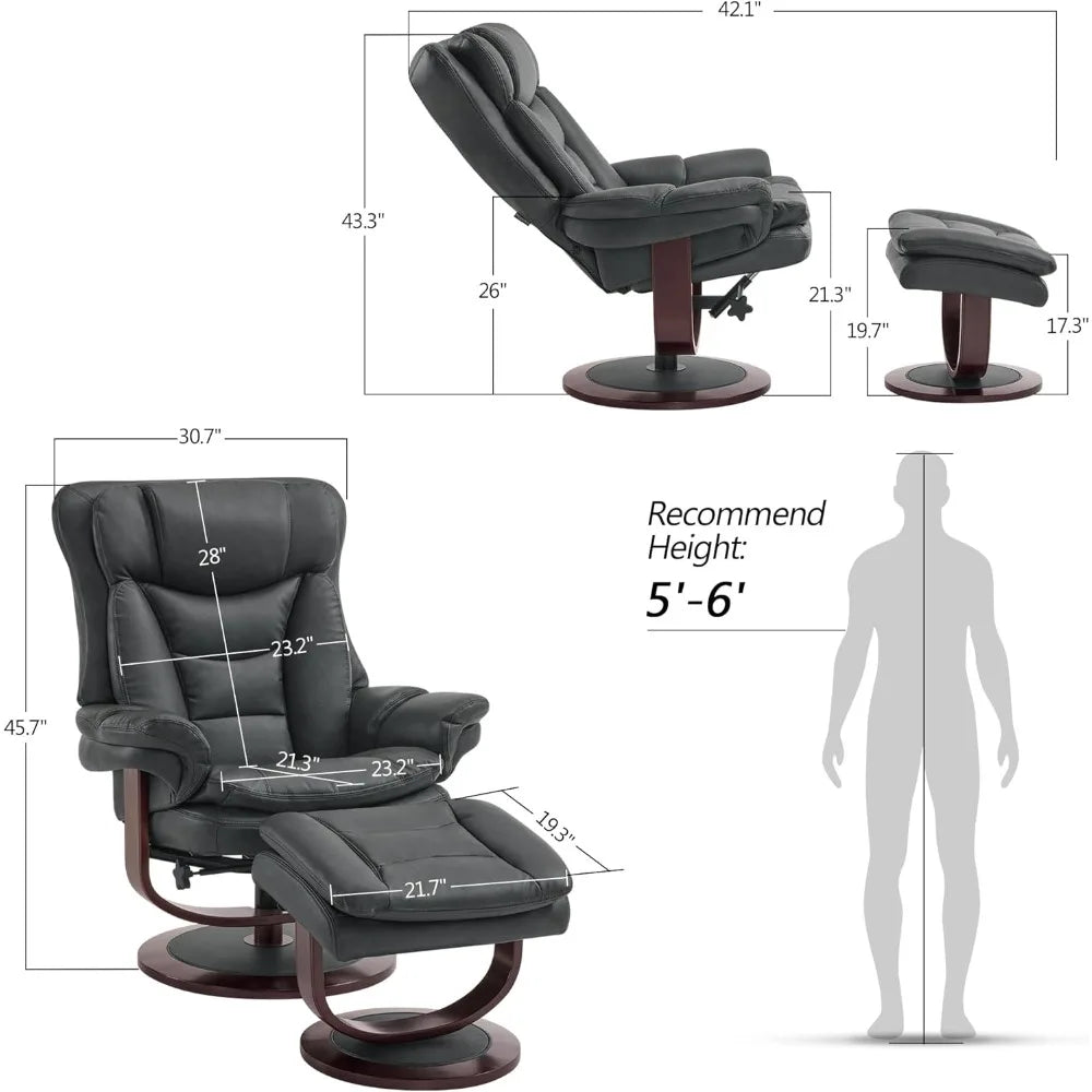 Swivel Recliner with Ottoman - Reclining Chair with Adjustable Back - Faux Leather - Upholstered Lounge Chair for Living Room Or Office