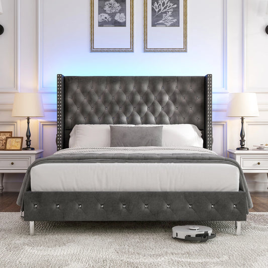 Bed Frame w/ A Wingback Headboard - LED Lights & Charging Station - Modern Upholstered Platform with Diamond Button Tuff