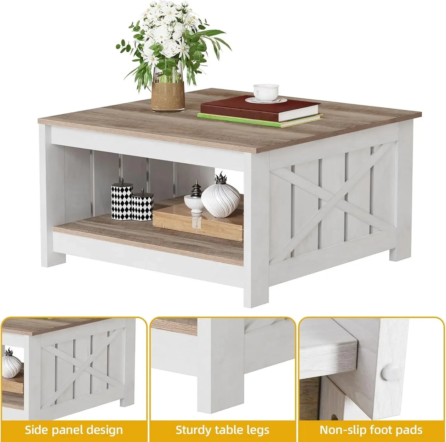 Square Coffee Table for Living Room with Storage - 2-Tier Wood Coffee Table Center Table , Grey Wash
