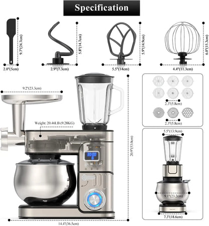 Multi-Function Kitchen Blender 6-IN-1 Stand Mixer - LCD Display Kitchen Electric Mixer
