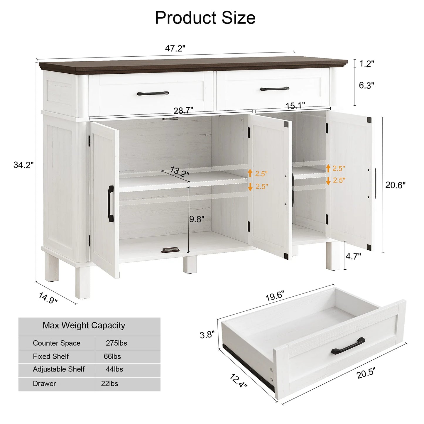 48" Storage Buffet Cabinet - 2 Drawers & Doors, Adjustable Shelve, Wooden Kitchen. Living Room & Hallway Cabinet