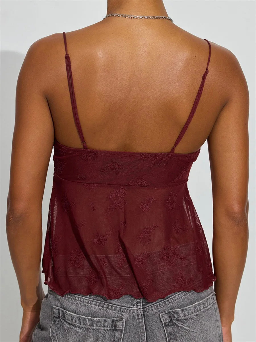 Ladies Sleeveless V Neck Cami - Floral Embroidery, Mesh Camisole, Lace Trim, Tank Tops for Summer