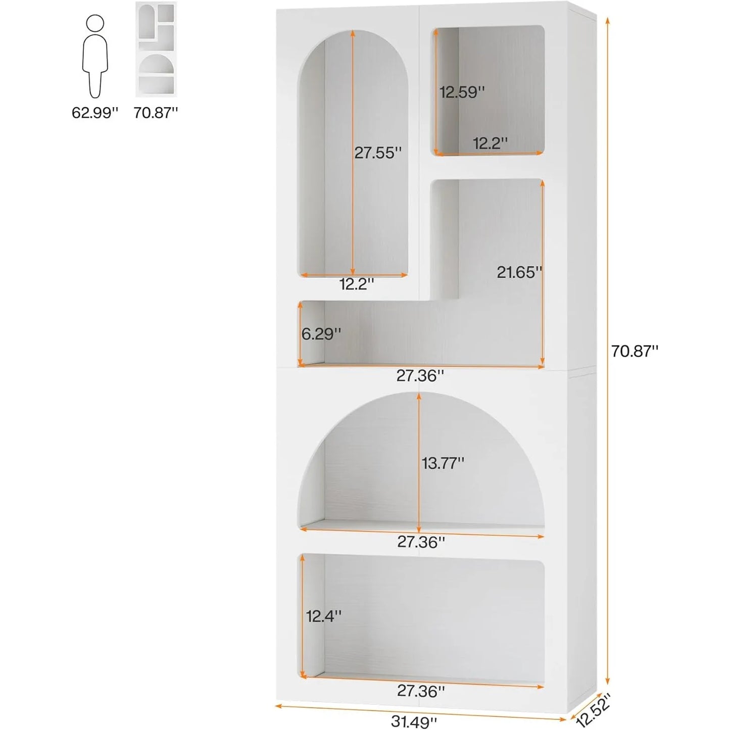 70.87" Tall Geometric Bookshelf - White Arched Bookcase with 5 Irregular Storage Shelves - Free-Standing for Living Room, Bedroom, Office
