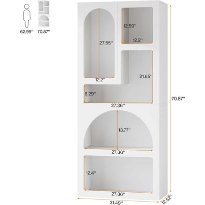 70.87" Tall Geometric Bookshelf - White Arched Bookcase with 5 Irregular Storage Shelves - Free-Standing for Living Room, Bedroom, Office