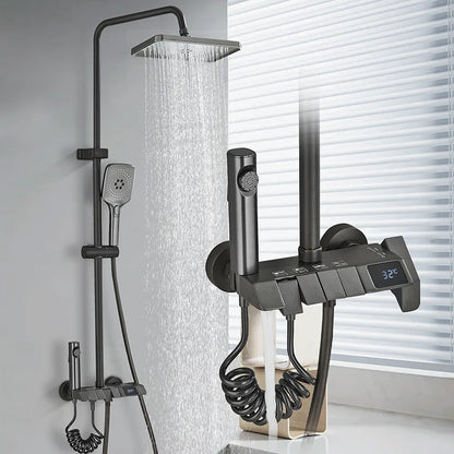 Rozin Black Smart Digital Display Shower Faucet Set - Piano Style Rainfall Bathroom System - Grey Digital Mixer Tap & Bidet Shower