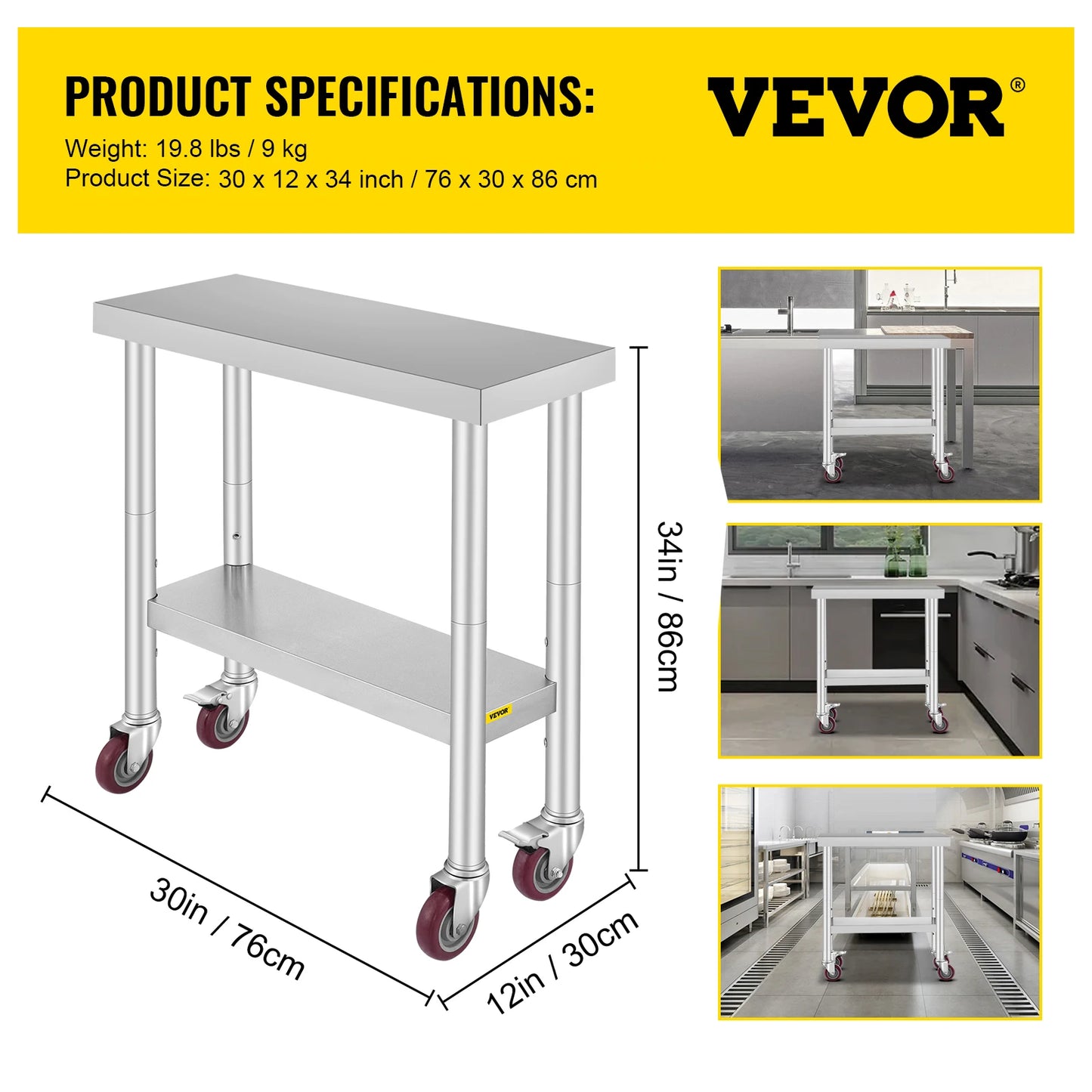 Stainless Steel Kitchen Work Space 2 Shelves, Moveable