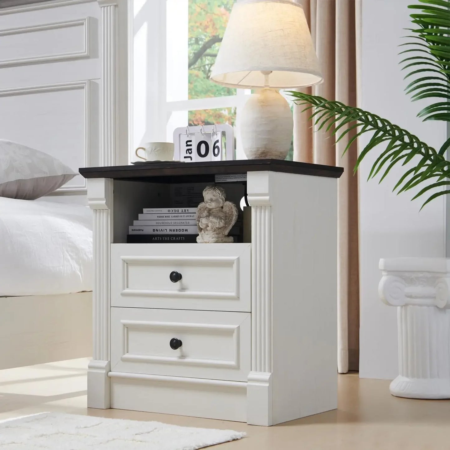 26" Tall Nightstand/End Table with Charging Station - Farmhouse 23.6" Wide w/Roman Column