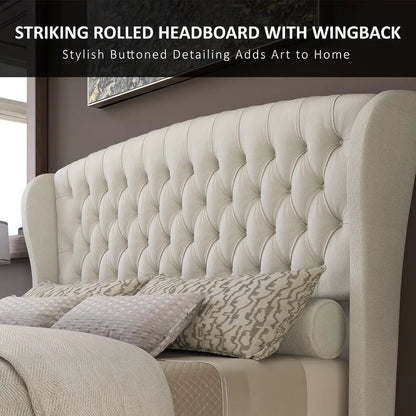 Queen Size Platform Bed Frame - Chenille Upholstered Sleigh Bed with Wingback Headboard - No Box Spring - Cream