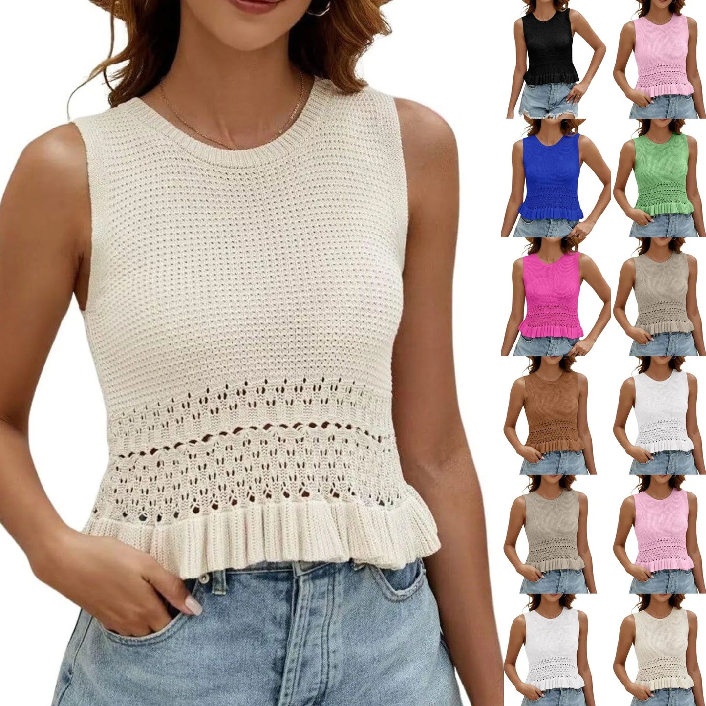 Summer Clothes - Women's Knitted Sleeveless Top With Hollow Hem