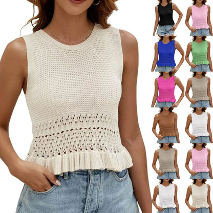 Summer Clothes - Women's Knitted Sleeveless Top With Hollow Hem