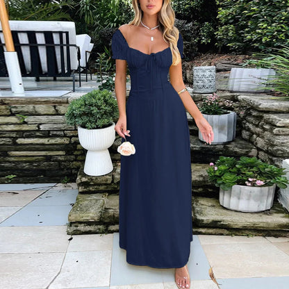 2025 Ladies Maxi Dress - Solid Colors - Chest Wrap - Bowknot Lace-up 2025