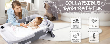 Baby Bath Tub with Soft Cushion & Thermometer 0-36 Months, Portable For Travel