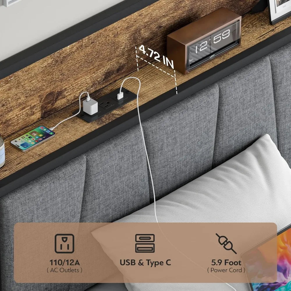 Twin Size Bed Frame with Headboard and Storage - Platform Bed Frame with Drawer Storage - Charging Station & LED Light
