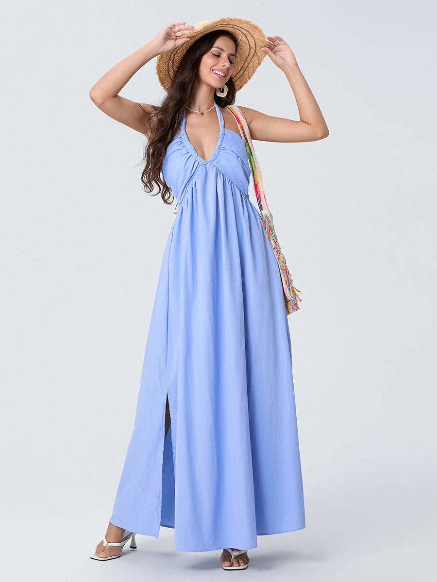 Women Summer Casual Maxi Dress - Solid Color - Tie-Up Halter Neck, Sleeveless & Backless Dress