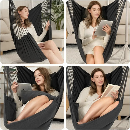 Hammock Chair Hanging Rope Swing Chair - Max 500 Lbs - 2 Seat Cushions Included - Removable Steel Spreader Bar