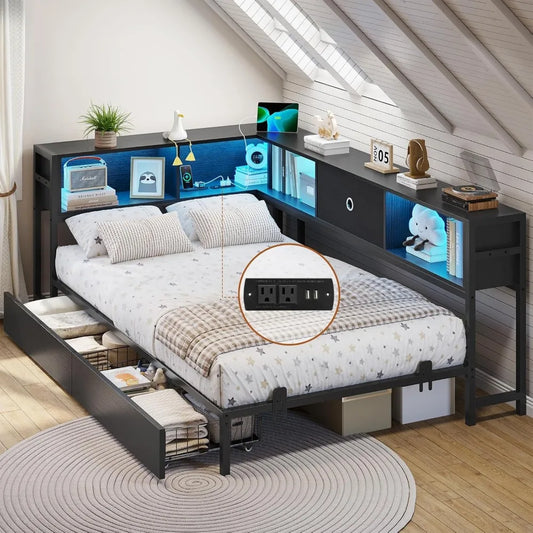 Corner Bed Frame with Bookcase Storage and LED Lights - Twin XL Metal Platform Bed Frame with Storage, Drawers & Charging Station