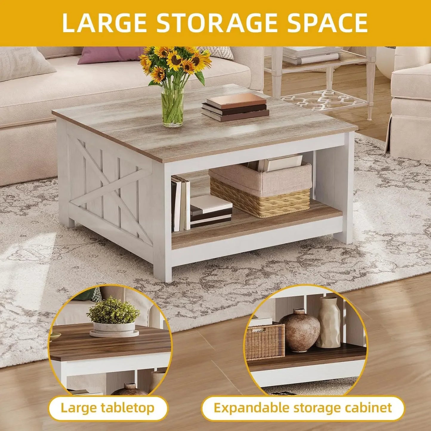 Square Coffee Table for Living Room with Storage - 2-Tier Wood Coffee Table Center Table , Grey Wash