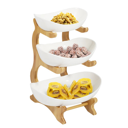 3 Tier Ceramic Fruit Basket - 3 Tier Serving Stand with Bamboo Wooden Frame - Porcelain Kitchen Bowls