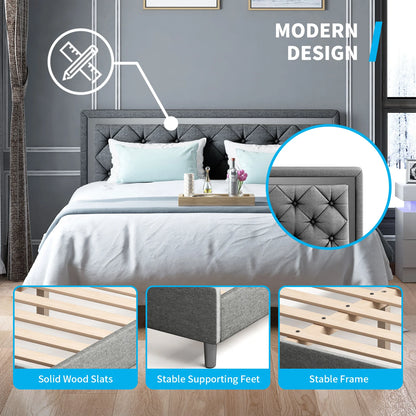 A Bed Frame - Upholstered Mattress Frame with Adjustable Headboard - Thin Velvet Bed Frame with Button Tufted Headboard