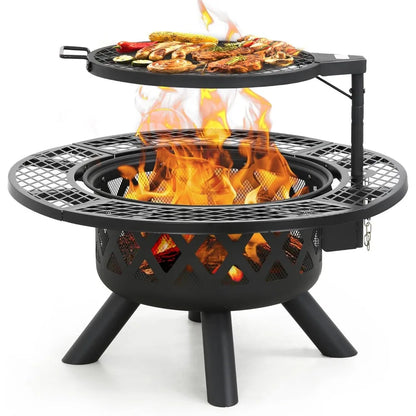 Fire Pit with Poker - 32 inch Outdoor Wood Burning Firepit with Grill