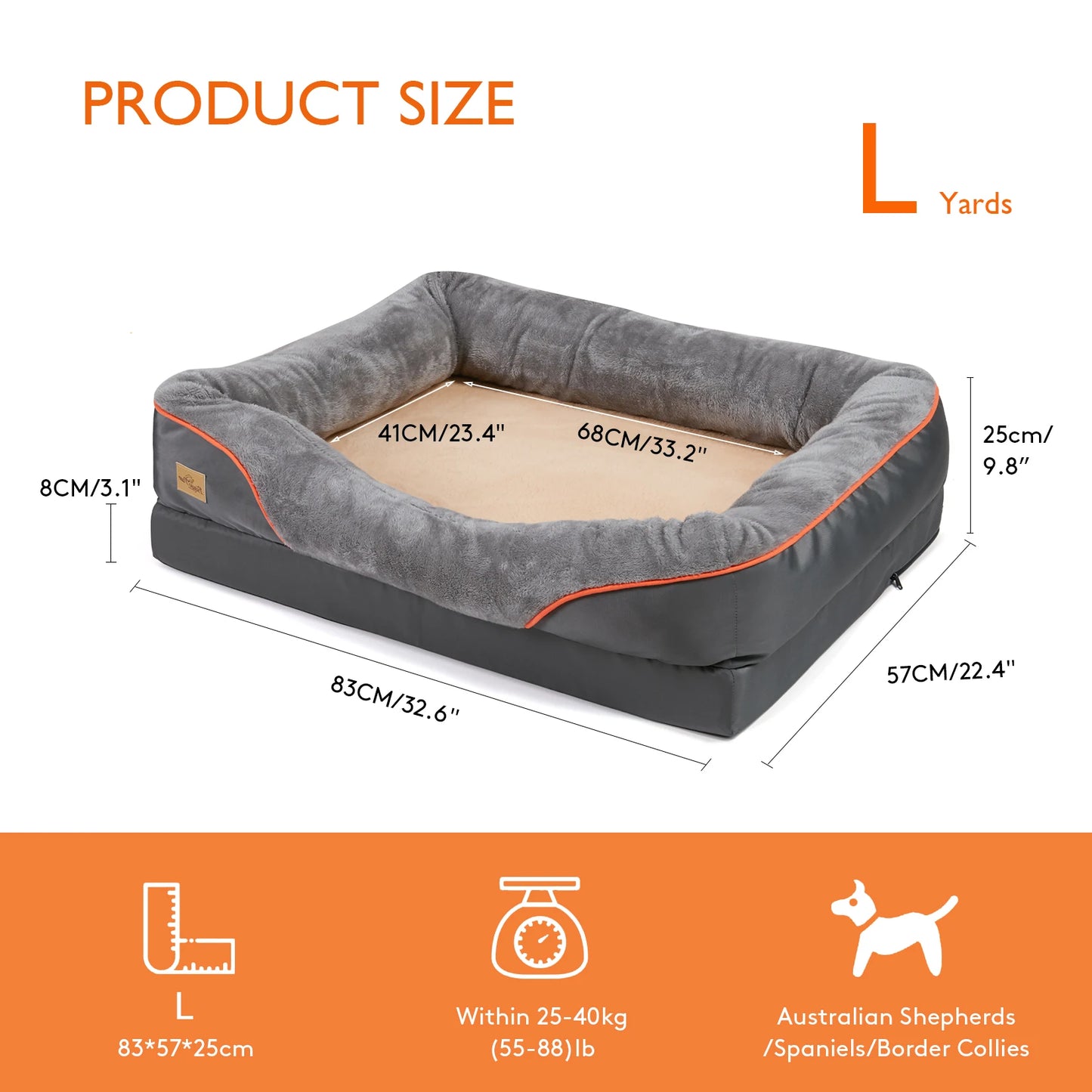 Super Soft Orthopedic Foam Bed For Dogs - Pet Bed Sleeping Mat with Cotton-padded Bolster & Removable Cover Sizes L-3XL