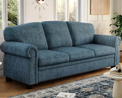 90" Nail Head Decorative Sofa - Comfortable Cushioned 3-seat Velvet Sofa with Wooden Legs - 23" Deep Seat Roller Arm Sofa