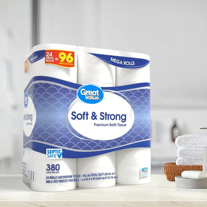 Great Value Premium Soft & Strong Toilet Paper 24 Mega Rolls - 380 Sheets 2 Ply - Safe Septic Systems Gentle and Absorbent