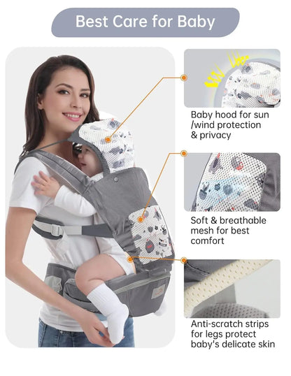 Baby Carrier - Newborn to Toddler - Toddler Carrier with Hood - All Seasons & All Position - Baby Hip Carrier