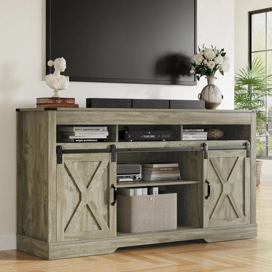 Farmhouse TV Stand for 27-65 Inch TV - Tall Entertainment Center with Storage Cabinets and Sliding Barn Doors