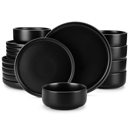 18/36 Piece Black Ceramic Plate Sets - Stoneware Dinner Set - Elegant Dinnerware with 6/12PCS Dinner Plate/Dessert/Bowl