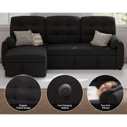L Shaped Living Room Sectional Sofas - 87" Sleeper Sofa Bed with Side Pocket & Charging Station - Removable Backrest