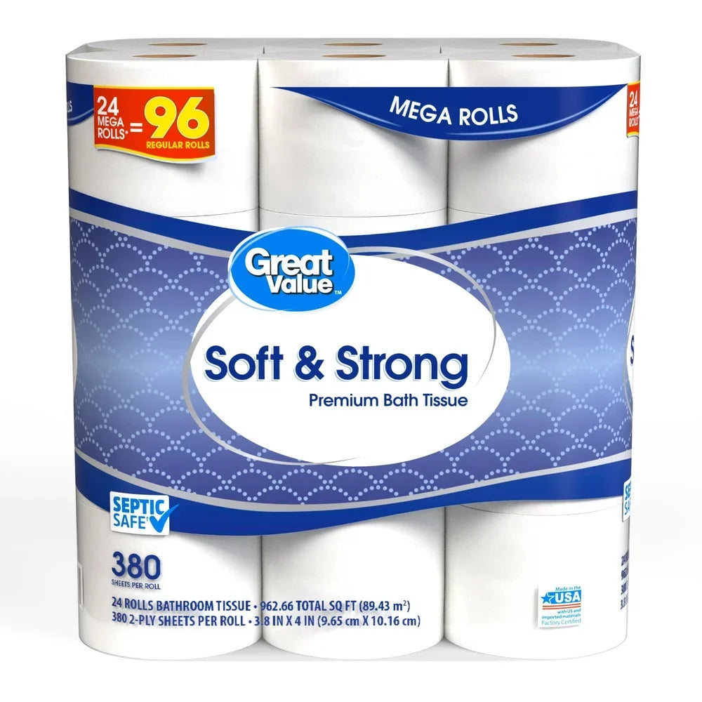 Great Value Premium Soft & Strong Toilet Paper 24 Mega Rolls - 380 Sheets 2 Ply - Safe Septic Systems Gentle and Absorbent