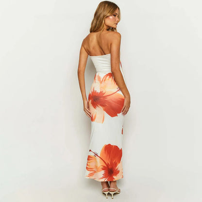2025 New Floral Print Sleeveless Dress - Off Shoulder, Slim Fit - Floor Length Dress