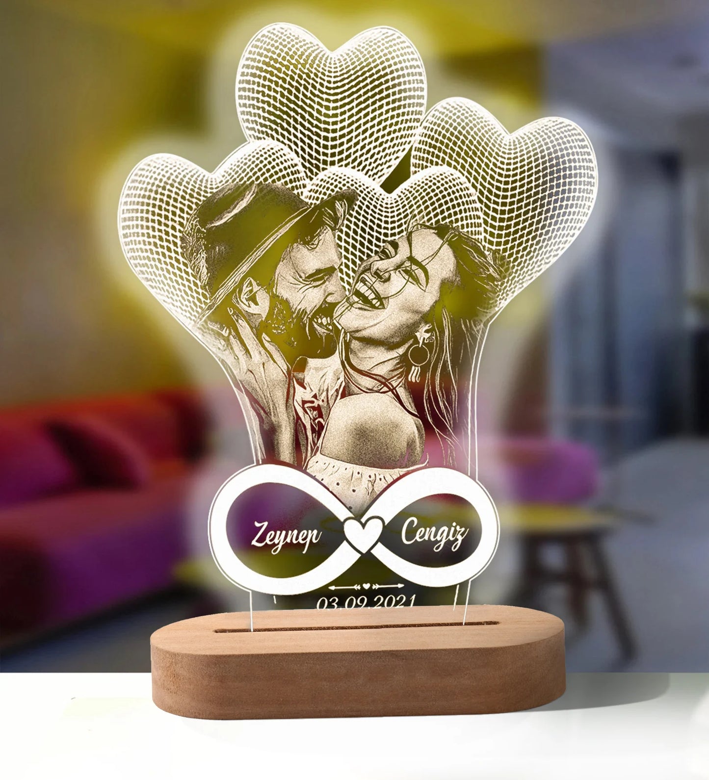 Custom Photo Night Light - Carved Wood Base - Personalized Text