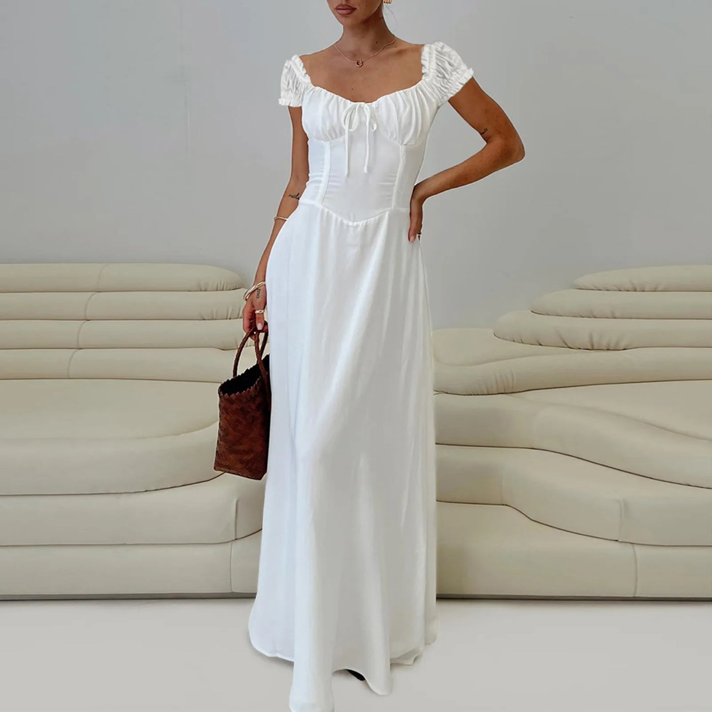 2025 Ladies Maxi Dress - Solid Colors - Chest Wrap - Bowknot Lace-up 2025