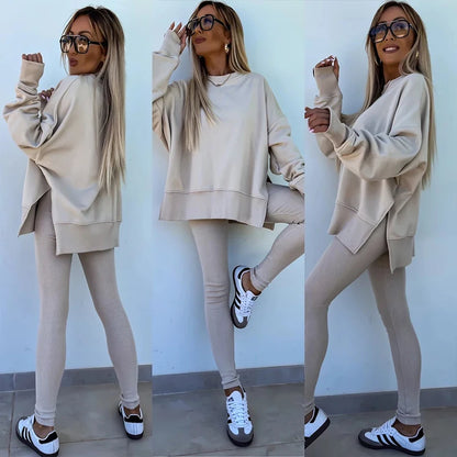 Women's Spring and Autumn Sports Hoodie - Long Sleeve - Solid Color Hoodie - Casual & Two Piece Set
