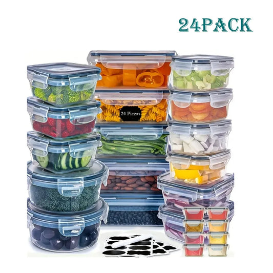 Kitchen Storage Container Set - 24 Pcs - Dishwasher Safe - Reusable Plastic Bins with Flip Lids - Fruits, Vegetables & Meats