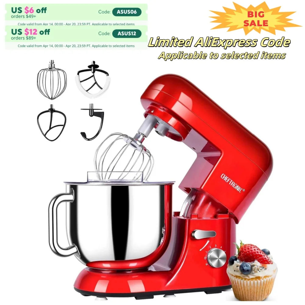 Cheftronic 6 Speed Stand Mixer with 7 Quart Stainless Steel Mixing Bowl - Dough hook, Egg whisk, Kitchen Mixer