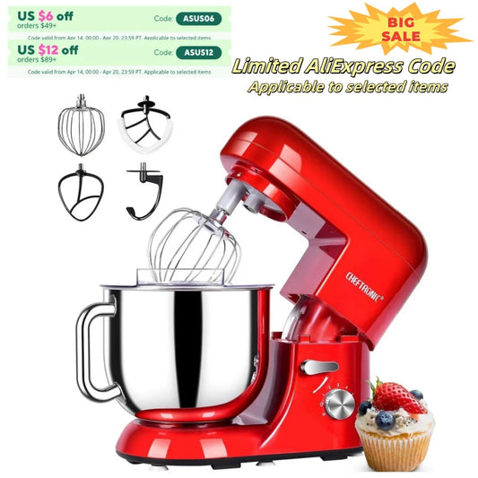 Cheftronic 6 Speed Stand Mixer with 7 Quart Stainless Steel Mixing Bowl - Dough hook, Egg whisk, Kitchen Mixer