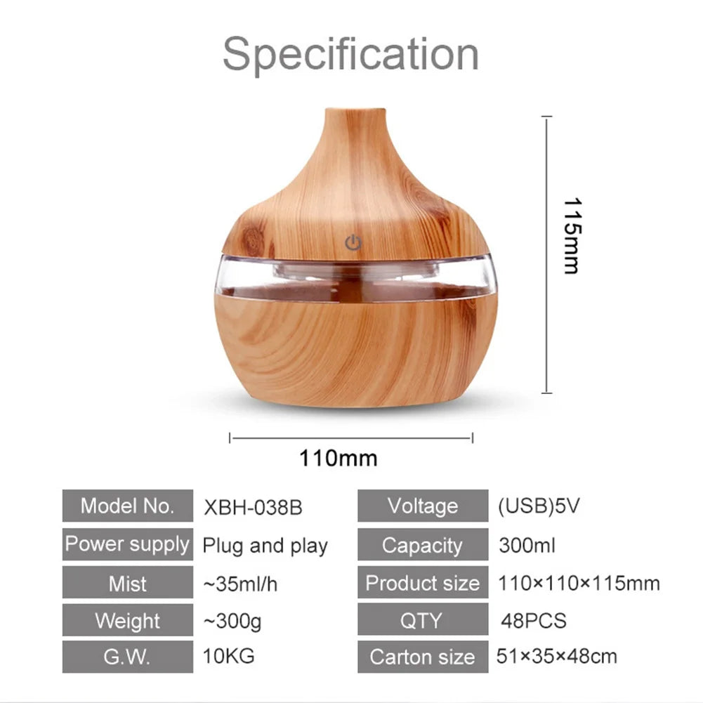 300mL Aroma Essential Oil Diffuser - Wood Grain - Desktop - Air Humidifier - Aromatherapy Purifier - Mist Maker