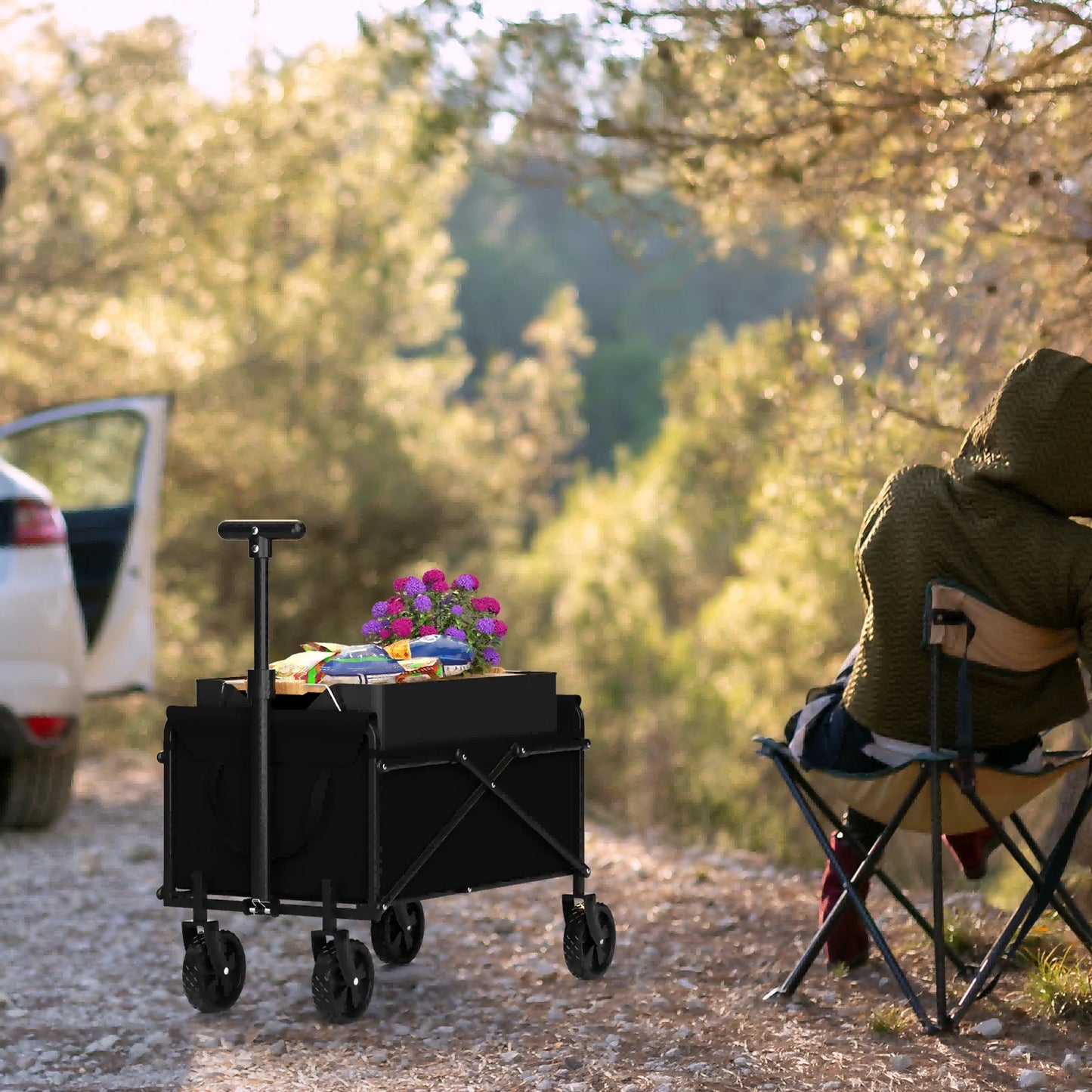 Black Small Handcart - Outdoor Garden Folding Cart - Collapsible Utility Shopping Wagon - Portable Trolley Cart