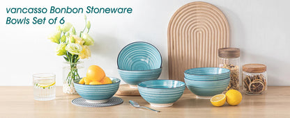 Vancasso 6 Piece 840ML Ceramic Bowls - Hand Painted Spirals - Stoneware Dinnerware Set