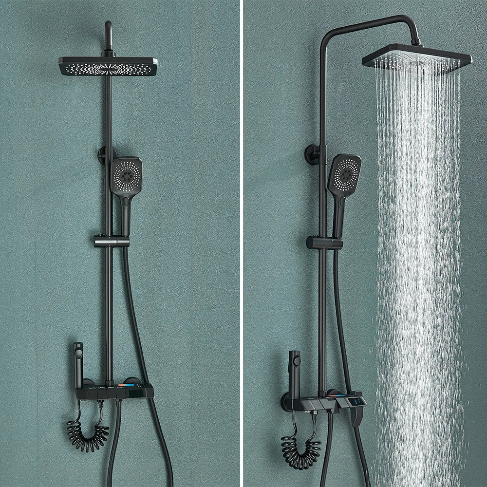 Rozin Black Smart Digital Display Shower Faucet Set - Piano Style Rainfall Bathroom System - Grey Digital Mixer Tap & Bidet Shower